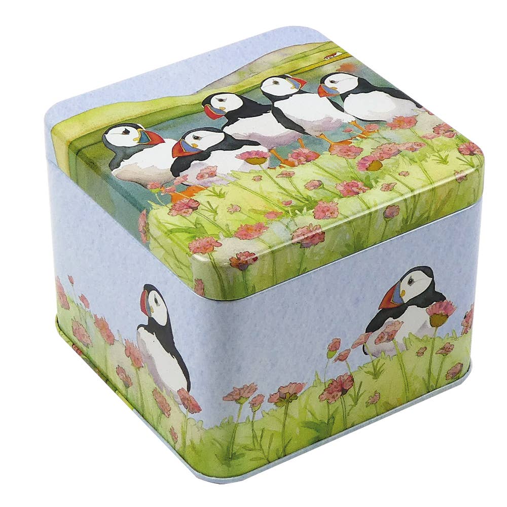 Sea Thrift Puffins Small Square Tin by Emma Ball