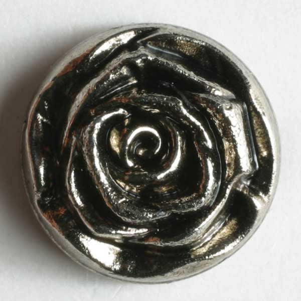 Metallized antique silver plastic button, flower-shaped look (14mm)