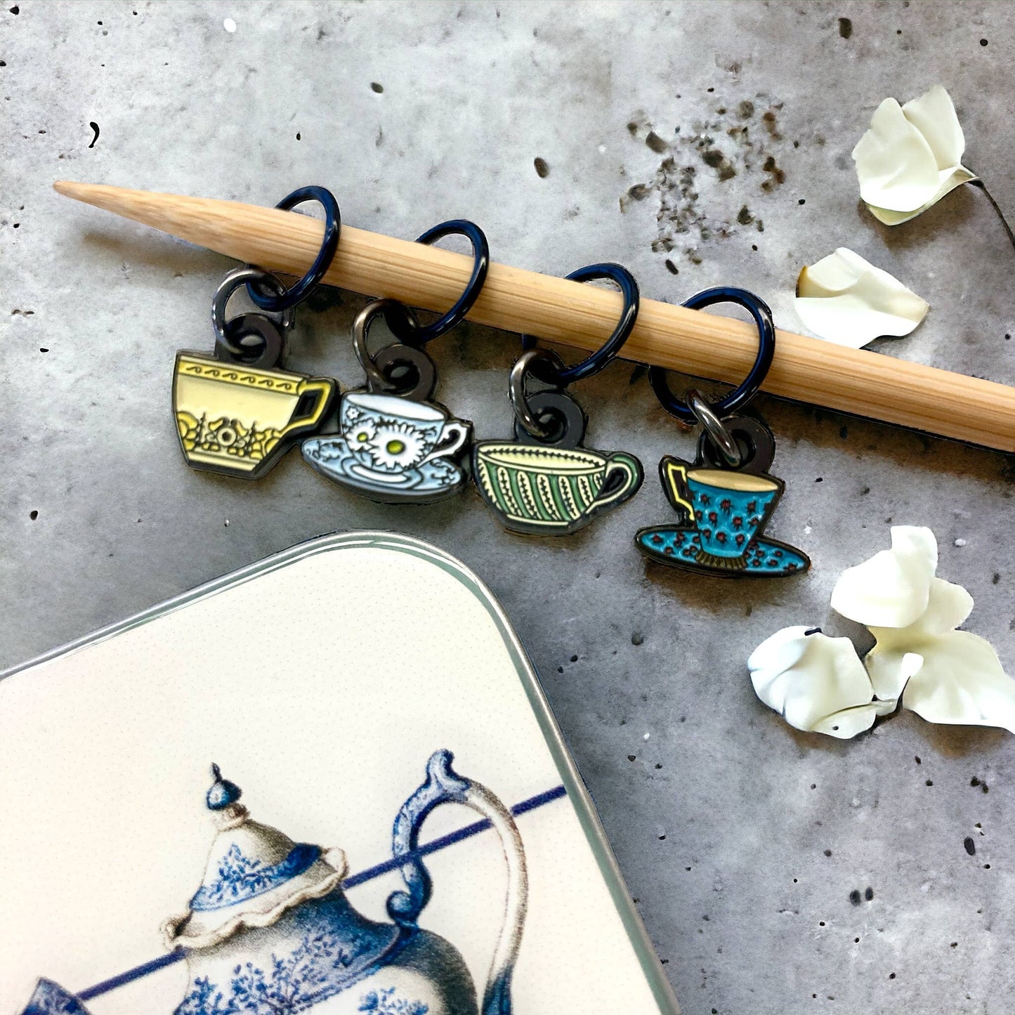 Tea set knitting stitch markers by Firefly Notes